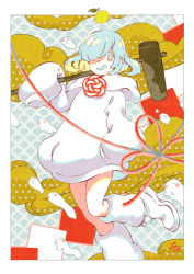 Rule 34 | 1girl, aqua hair, border, colored eyelashes, food, foot out of frame, fruit, hair over one eye, kine, knot, long sleeves, looking at viewer, mallet, mandarin orange, medium hair, multicolored eyes, open mouth, original, signature, sleeves past fingers, sleeves past wrists, smile, solo, tami yagi, white border, white footwear