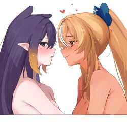 2girls averting_eyes blonde_hair blush bow breasts cleavage closed_mouth commentary dark-skinned_female dark_skin elf english_commentary from_side gradient_hair hair_between_eyes hair_bow heart heart-shaped_pupils high_ponytail highres hololive hololive_english ku_roiko long_hair looking_at_another multicolored_hair multiple_girls ninomae_ina&#039;nis nude open_mouth orange_hair pointy_ears purple_hair red_eyes shiranui_flare sidelocks simple_background straight_hair streaked_hair symbol-shaped_pupils tentacle_hair virtual_youtuber white_background white_hair yuri