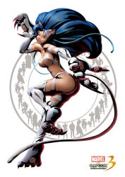 Rule 34 | 1girl, animal ears, animal hands, ass, big hair, blue eyes, breasts, capcom, cat ears, cat tail, claws, fangs, felicia (vampire), fur, green eyes, head wings, highres, large breasts, long hair, marvel, marvel vs. capcom, marvel vs. capcom 3, mori toshiaki, official art, one eye closed, open mouth, outstretched hand, pointy ears, resident evil, resident evil 5, silhouette, slit pupils, solo, standing, standing on one leg, tail, vampire (game), wings, wink