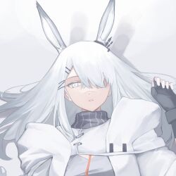 Rule 34 | 1girl, animal ears, aoki (areek0okl), arknights, black gloves, ear ornament, extra ears, fingerless gloves, frostnova (arknights), gloves, grey eyes, hair ornament, hair over one eye, hairclip, hand up, jacket, long hair, long sleeves, looking at viewer, lying, on back, one eye covered, parted lips, rabbit ears, scar, scar on face, scar on nose, simple background, solo, white background, white hair, white jacket
