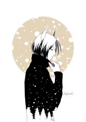 Rule 34 | 1boy, adjusting clothes, artist name, blush, demon boy, ear blush, from side, grausam, hand blush, hand up, highres, horns, long sleeves, male focus, monochrome, nose blush, open mouth, pine tree, profile, sakichi (sakichi0915), short hair, snow print, snowing, solo, sousou no frieren, sweater, tree, tree print, turtleneck, turtleneck sweater, upper body