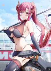 Rule 34 | 1girl, bare shoulders, black skirt, black thighhighs, blurry, blurry background, blush, breasts, closed mouth, dragon girl, dragon horns, dragon tail, flag, highres, holding, horns, keenh, large breasts, long hair, microskirt, motor vehicle, motorcycle, navel, original, outdoors, panties, pink hair, pleated skirt, ponytail, purple eyes, race queen, red panties, skirt, smile, solo, tail, thighhighs, thighs, underwear