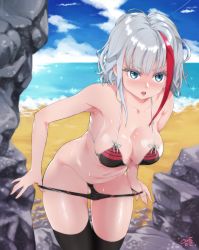Rule 34 | 1girl, admiral graf spee (azur lane), anyway (amteun), armpits, azur lane, bare arms, bare shoulders, beach, bikini, bikini pull, black thighhighs, blue eyes, blue sky, blush, breasts, cleavage, cliff, clothes pull, cloud, collarbone, commentary request, day, highres, large breasts, leaning forward, mole, mole on breast, multicolored hair, navel, ocean, open mouth, outdoors, pulling own clothes, short hair, sidelocks, signature, sky, solo, stomach, streaked hair, string bikini, sunlight, swimsuit, thigh gap, thighhighs, white hair