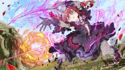 Rule 34 | 1girl, amy sorel, bad id, bad twitter id, black gloves, capelet, dress, drill hair, enouchi ai, fire, frilled dress, frills, gloves, green eyes, grey legwear, high heels, highres, holding, holding weapon, outdoors, petals, purple footwear, red hair, sleeveless, sleeveless dress, solo, soul calibur, sword, twin drills, twintails, weapon