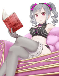 Rule 34 | akita (akitatta), bad id, bad tinami id, bare shoulders, book, chair, drill hair, frills, gloves, gothic lolita, hair ribbon, holding, holding book, idolmaster, idolmaster cinderella girls, inactive account, kanzaki ranko, crossed legs, lipstick, lolita fashion, makeup, red eyes, ribbon, silver hair, sitting, smile, solo, thighhighs, twin drills, twintails, white background