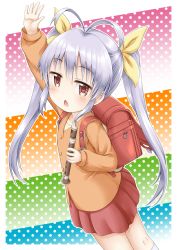 Rule 34 | 1girl, antenna hair, arm up, backpack, bag, blush, brown eyes, brown shirt, chestnut mouth, commentary request, flute, hair between eyes, hair ribbon, highres, holding, holding flute, holding instrument, instrument, kneehighs, long hair, long sleeves, looking at viewer, miyauchi renge, multicolored background, non non biyori, open mouth, pleated skirt, polka dot, polka dot background, puffy long sleeves, puffy sleeves, randoseru, recorder, red skirt, regular mow, ribbon, shirt, silver hair, skirt, sleeves past wrists, socks, solo, twintails, very long hair, white socks, yellow ribbon
