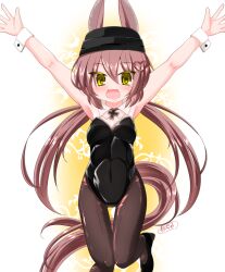 Rule 34 | 1girl, animal ears, armpits, arms up, bare shoulders, black footwear, black hat, black leotard, breasts, brown hair, brown pantyhose, collar, commentary request, cross, detached collar, ears through headwear, hair between eyes, hair ornament, hat, heart, heart hair ornament, horse ears, horse girl, horse tail, iron cross, kanijiru, leotard, long hair, low twintails, military vehicle, motor vehicle, original, pantyhose, panzer iv, personification, playboy bunny, shoes, signature, small breasts, solo, standing, standing on one leg, strapless, strapless leotard, tail, tank, twintails, very long hair, white collar, wing collar, wrist cuffs, yellow eyes