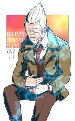 Rule 34 | 1boy, beard, brown jacket, brown pants, brown vest, closed eyes, collared shirt, commentary request, danganronpa (series), danganronpa 3 (anime), dated, facial hair, foreshortening, glasses, grey hair, hair up, happy birthday, invisible chair, jacket, kiri (2htkz), long sleeves, male focus, necktie, old, old man, open clothes, open jacket, pants, red necktie, shirt, sitting, solo, tengan kazuo, vest, white shirt
