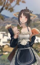 Rule 34 | 1girl, absurdres, animal ear fluff, animal ears, apron, arknights, bare shoulders, black apron, black jacket, blush, bow, brown hair, cityscape, collarbone, cowboy shot, day, dress, fox ears, frilled apron, frills, hair bow, highres, holding, holding leaf, jacket, leaf, off shoulder, open clothes, open jacket, open mouth, outdoors, partially unzipped, perfumer (arknights), ponytail, red eyes, short hair, solo, striped, striped bow, swept bangs, waist apron, welt (kinsei koutenkyoku), white dress