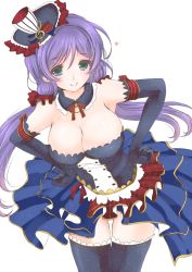 Rule 34 | 10s, 1girl, aqua eyes, bare shoulders, breasts, cafe maid (love live!), cleavage, detached collar, dress, elbow gloves, female focus, frapowa, gloves, green eyes, heart, large breasts, long hair, looking at viewer, love live!, love live! school idol festival, love live! school idol project, print gloves, print legwear, purple hair, simple background, smile, solo, starry sky print, strapless, strapless dress, tojo nozomi, treble clef, white background