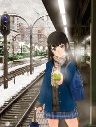 Rule 34 | 1girl, bag, black eyes, black hair, blazer, blue jacket, blunt bangs, blush, bottle, breath, building, buttons, cardigan, chain-link fence, city, closed umbrella, cloud, cloudy sky, commentary request, day, fence, fluorescent lamp, fringe trim, head tilt, higashi tarou, highres, holding, holding bottle, jacket, long hair, long sleeves, looking at viewer, miniskirt, open clothes, open jacket, original, outdoors, overhead line, parted lips, plaid, plaid scarf, plaid skirt, pleated skirt, power lines, railroad tracks, scarf, school bag, school uniform, shoulder bag, skirt, sky, sleeves past wrists, smile, snow, snowing, solo, tactile paving, train station, umbrella, vanishing point, winter