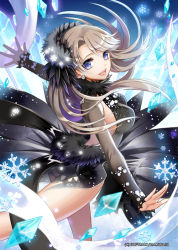 Rule 34 | 1girl, black dress, blue eyes, brown hair, crystal, dancing, dress, earrings, ice, jewelry, long hair, long sleeves, neuro48, open mouth, original, smile, snowflakes, solo