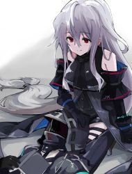Rule 34 | 1girl, 1other, ambiguous gender, arknights, arm support, ascot, black ascot, black gloves, black jacket, black pants, black shirt, black sleeves, book, clothing cutout, commentary request, detached sleeves, doctor (arknights), elite ii (arknights), gloves, grey hair, hand on another&#039;s head, highres, jacket, long hair, low ponytail, low tied hair, mask, mixed-language commentary, on lap, pants, red eyes, shiduki eku, shirt, sitting, skadi (arknights), skadi (elite ii) (arknights), smile, thigh cutout, thigh strap, very long hair