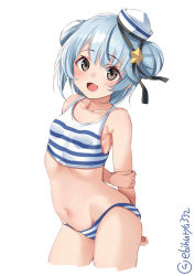 Rule 34 | 1girl, arms behind back, bikini, black ribbon, blue hair, breasts, cowboy shot, dixie cup hat, double bun, ebifurya, fang, fang out, hair bun, hat, hat ribbon, highres, kantai collection, military hat, navel, one-hour drawing challenge, open mouth, ribbon, samuel b. roberts (kancolle), short hair, simple background, smile, striped bikini, striped clothes, swimsuit, twitter username, white background, white headwear, yellow eyes