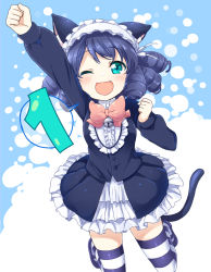 Rule 34 | 10s, 1girl, ;d, animal ears, bell, black hair, blush, cat ears, cat tail, countdown, curly hair, cyan (show by rock!!), gothic lolita, green eyes, lolita fashion, maid headdress, mitsuki meia, one eye closed, open mouth, rabbit ears, ringlets, show by rock!!, simple background, smile, solo, spoken number, striped clothes, striped thighhighs, tail, thighhighs, zettai ryouiki