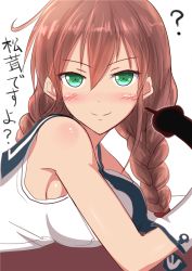 Rule 34 | 10s, 1girl, bare shoulders, braid, breast rest, breasts, brown hair, gloves, green eyes, ichikawa feesu, kantai collection, large breasts, long hair, looking at viewer, noshiro (kancolle), shirt, sleeveless, sleeveless shirt, smile, solo, translation request, twin braids, upper body, white gloves
