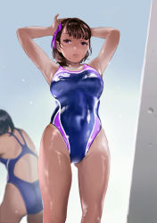 Rule 34 | 2girls, adjusting hair, arms behind head, arms up, ass, bad id, bad pixiv id, black hair, blue one-piece swimsuit, blurry, commentary request, competition swimsuit, cowboy shot, depth of field, feet out of frame, female focus, from behind, from below, hair ornament, hair ribbon, hamedoragon, highleg, highleg swimsuit, lips, looking at viewer, looking back, mole, mole under mouth, multiple girls, one-piece swimsuit, one-piece tan, original, purple ribbon, red eyes, ribbon, shiny skin, short hair, solo focus, standing, swimsuit, tan, tanline, thigh gap, thighs, wet
