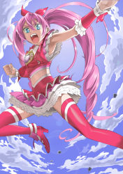 Rule 34 | 10s, 1girl, :o, armpits, blue background, blue eyes, bow, braid, clenched hand, cloud, cure melody, day, dress, eyelashes, frills, houjou hibiki, long hair, magical girl, michuru (qeenbee), open mouth, pink bow, pink hair, pink thighhighs, precure, shoes, sky, solo, suite precure, thighhighs, twintails