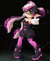 Rule 34 | + +, 1girl, absurdres, ankle boots, black background, black footwear, black hair, black jumpsuit, boots, breasts, callie (splatoon), closed mouth, collar, commentary, detached collar, earrings, english commentary, food, food on head, full body, gloves, gradient hair, hand on own hip, highres, inkling, jewelry, jumpsuit, long hair, looking at viewer, mole, mole under eye, multicolored hair, nin10ja, nintendo, object on head, pantyhose, pointing, pointing at viewer, pointy ears, purple hair, purple pantyhose, short jumpsuit, small breasts, smile, sparkle, splatoon (series), splatoon 1, standing, strapless, sushi, tentacle hair, twitter username, very long hair, white collar, white gloves, wing collar, yellow eyes