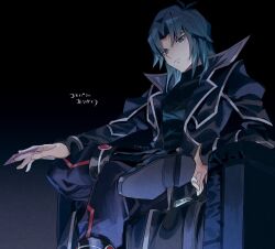 Rule 34 | 1boy, black background, black footwear, black jacket, blue hair, closed mouth, collared jacket, foot out of frame, gradient background, highres, jacket, long sleeves, looking at viewer, male focus, marufuji ryo, open clothes, open jacket, sitting, solo, stim yyy, throne, translation request, yu-gi-oh!, yu-gi-oh! gx