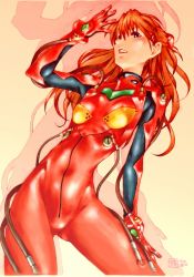 Rule 34 | 1girl, blue eyes, bodysuit, breasts, brown hair, cable, cowboy shot, curvy, gloves, gradient background, hair between eyes, hand in own hair, kotatsu-spirit, leaning to the side, legs apart, long hair, medium breasts, neon genesis evangelion, open mouth, orange hair, plugsuit, red bodysuit, shiny clothes, signature, simple background, skin tight, smile, solo, souryuu asuka langley, standing, two side up, very long hair