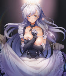 Rule 34 | 1girl, 3ri10te, absurdres, apron, asymmetrical bangs, azur lane, bad id, bad pixiv id, belfast (azur lane), blue eyes, blush, braid, breasts, breasts out, chain, clothes lift, collar, collarbone, covering privates, covering one breast, cowboy shot, disembodied limb, elbow gloves, floating hair, gloves, highres, lens flare, light, lips, long hair, looking at viewer, looking away, looking to the side, maid, maid apron, maid headdress, medium breasts, nipples, rainbow, silver hair, skirt, skirt lift, turret