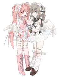 Rule 34 | 2girls, bandaid, bandaid on leg, blush stickers, boots, bow, chain, commission, cross-laced footwear, flat chest, full body, grey eyes, grey hair, hairband, highres, holding hands, innertube, leotard, loafers, lock, lolita hairband, long hair, looking at viewer, loose socks, medium hair, multiple girls, open mouth, original, padlock, pink eyes, pink hair, shoes, simple background, smile, socks, sweat, swim ring, tearing up, twintails, very long hair, white background, wings, youyuu (melt yo103)