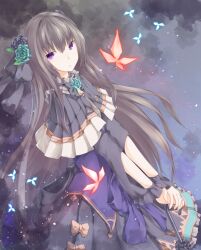 Rule 34 | 1girl, arcaea, arm cutout, bow, brooch, brown hair, capelet, closed umbrella, commentary request, dress, dress bow, flower, flower brooch, frilled capelet, frills, hair flower, hair ornament, highres, holding, holding umbrella, jewelry, long hair, long sleeves, looking to the side, own hands together, parted lips, purple eyes, rose, sky, solo, star (sky), starry sky, tairitsu (arcaea), tairitsu (grievous lady) (arcaea), umbrella, very long hair, yuki-san (wdtm yuki)