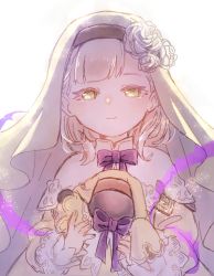 Rule 34 | 1girl, blonde hair, blunt bangs, blush, braid, briar rose (sinoalice), closed mouth, doll, flower, holding, holding doll, ishikoro1645, long sleeves, looking at viewer, plant, ribbon, rose, short hair, sinoalice, sketch, smile, solo, thorns, veil, vines, white background, white flower, white rose, yellow eyes