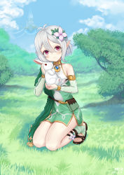 Rule 34 | 1girl, absurdres, animal, antenna hair, bare shoulders, blush, breasts, collarbone, commentary request, day, detached sleeves, dress, flower, guanchuan zhi jiao, hair between eyes, hair flower, hair ornament, highres, holding, holding animal, kneeling, kokkoro (princess connect!), looking at viewer, outdoors, pink eyes, pointy ears, princess connect!, rabbit, short hair, sleeveless, small breasts, smile, solo, tree, white flower, white hair