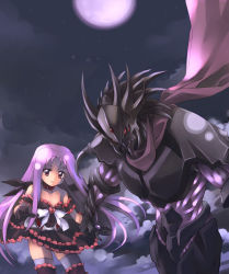 Rule 34 | 00s, 1boy, 1girl, armor, asclepius (nanoha), cloud, collar, dress, expressionless, floating hair, frills, full armor, full moon, garyu, gloves, kouno hikaru, long hair, looking at viewer, lutecia, lutecia alpine, lyrical nanoha, mahou shoujo lyrical nanoha, mahou shoujo lyrical nanoha strikers, moon, night, red eyes, scarf, size difference, sky, strapless, strapless dress, thighhighs, very long hair, zettai ryouiki