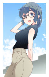 Rule 34 | 1girl, arm behind back, arm behind head, bare arms, bare shoulders, black-framed eyewear, black eyes, black hair, blush, braid, breasts, cityscape, cloud, cloudy sky, commentary request, cropped legs, e20, framed, glasses, grey pants, hair over shoulder, highres, houzumi kaede, large breasts, long hair, looking at viewer, open mouth, original, pants, shiny skin, sky, sleeveless, sleeveless turtleneck, smile, solo, thick eyebrows, turtleneck, wavy hair