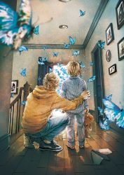 Rule 34 | 2boys, bare shoulders, blonde hair, blue butterfly, bug, butterfly, commentary request, denim, door, from behind, full body, highres, holding, holding stuffed toy, hood, hoodie, insect, jeans, kobone awaki, light, light particles, male focus, multiple boys, original, painting (object), pajamas, pants, paper airplane, shoes, short hair, sneakers, squatting, stuffed animal, stuffed toy, teddy bear, wooden floor