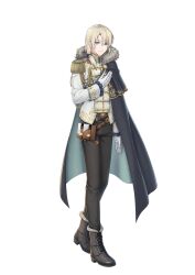 Rule 34 | 1boy, aiguillette, aqua cape, aqua eyes, arm at side, belt, black cape, black footwear, black pants, blonde hair, book, book holster, boots, brown belt, bungou to alchemist, buttons, cape, closed mouth, cross-laced footwear, curtained hair, double-breasted, epaulettes, frilled sleeves, frills, full body, fur-trimmed boots, fur-trimmed cape, fur trim, gloves, gold trim, hair between eyes, hair over shoulder, hair ribbon, hand on own chest, jacket, lace-up boots, layered clothes, lev tolstoy (bungou to alchemist), long sleeves, looking at viewer, low ponytail, male focus, medium hair, official art, pants, purple ribbon, ribbon, side cape, single epaulette, sleeve cuffs, smile, solo, standing, third-party source, transparent background, two-sided cape, two-sided fabric, white gloves, white jacket