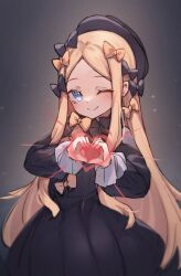 Rule 34 | 1girl, abigail williams (fate), black bow, black dress, black hat, blonde hair, blue eyes, blush, bow, breasts, dress, fate/grand order, fate (series), forehead, hair bow, hat, heart, heart hands, highres, long hair, long sleeves, looking at viewer, miya (miyaruta), one eye closed, orange bow, parted bangs, ribbed dress, small breasts, smile, solo, variant set