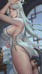 Rule 34 | 1girl, armpits, ass, bad id, bad pixiv id, between legs, blurry, blurry background, breasts, china dress, chinese clothes, covered erect nipples, dress, from side, genshin impact, hair ornament, hand on own head, large breasts, long hair, looking at viewer, mole, mole on breast, ningguang (genshin impact), no bra, no panties, sideboob, sidelocks, stuffed toy, teeth, thighs, unfairr, upper teeth only, very long hair, white dress, white hair, yellow eyes, zhongli (genshin impact)