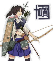 Rule 34 | 10s, 1girl, absurdres, archery, arrow (projectile), bad id, bad pixiv id, bow (weapon), brown eyes, brown hair, highres, japanese clothes, kaga (kancolle), kantai collection, kineshin123, muneate, personification, side ponytail, skirt, solo, thighhighs, weapon