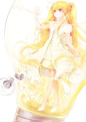 Rule 34 | 1girl, against glass, ahira yuzu, blonde hair, blush, closed mouth, dress, earrings, full body, furrowed brow, hair ornament, high heels, highres, in container, jewelry, layered dress, light bulb, light bulb hair ornament, liquid, long hair, making-of available, necklace, no legwear, original, puffy short sleeves, puffy sleeves, short sleeves, sidelocks, simple background, solo, standing, twintails, very long hair, white background, white footwear, yellow dress, yellow eyes, yellow theme
