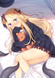 Rule 34 | 1girl, abigail williams (fate), ass, black bow, black dress, black hat, blonde hair, bloomers, bloomers pull, blue eyes, blush, bow, bug, butterfly, commentary request, cover, cover page, covered mouth, dress, fate/grand order, fate (series), forehead, hair bow, hat, highres, hugging object, insect, long hair, long sleeves, looking at viewer, lying, nose blush, on side, orange bow, parted bangs, polka dot, polka dot bow, pussy juice, racer (magnet), sleeves past fingers, sleeves past wrists, solo, stuffed animal, stuffed toy, teddy bear, tentacles, underwear, unworn hat, unworn headwear, very long hair, white bloomers