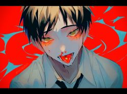 Rule 34 | 1boy, @ @, black necktie, collared shirt, crying, crying with eyes open, drugs, from above, highres, kakubi neu, letterboxed, looking at viewer, male focus, necktie, open mouth, original, pill, pill on tongue, red background, saliva, saliva trail, shirt, solo, teardrop, tears, teeth, tongue, tongue out, white shirt, yellow eyes