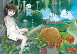 Rule 34 | 1boy, 1girl, bad id, bad pixiv id, bare legs, bare shoulders, blue eyes, brown hair, bug, butterfly, butterfly net, child, cloud, flower, hand net, hat, highres, insect, nature, net, original, outstretched arm, sandals, sasaki toshiyuki, sitting, sky, straw hat, tree, twintails