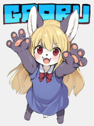 Rule 34 | 1girl, akuma gaoru, animal ears, arms up, blonde hair, blush, body fur, bow, cat, cat ears, cat girl, cat tail, child, commentary request, copyright request, fangs, full body, furry, furry female, kishibe, long hair, looking at viewer, pawpads, red bow, red eyes, solo, standing, tail