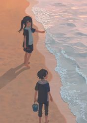 Rule 34 | 1boy, 1girl, barefoot, beach, black hair, black pants, black skirt, bucket, closed mouth, commentary request, commission, drawstring, full body, glasses, grey jacket, highres, holding, holding bucket, hood, hood down, hoodie, jacket, long hair, looking at another, muji (uimss), ocean, original, outdoors, pants, pants rolled up, parted lips, pleated skirt, pointing, shadow, short hair, short sleeves, skeb commission, skirt, smile, standing, white hoodie