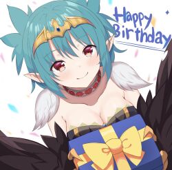 Rule 34 | 1girl, absurdres, black feathers, black wings, blue hair, blush, box, breasts, claws, cleavage, commentary, english commentary, feathered wings, feathers, gift, gift box, hair between eyes, happy, harpy, highres, holding, holding gift, hzhc, indie virtual youtuber, lincoro, looking at viewer, medium breasts, monster girl, pointy ears, red eyes, short hair, short twintails, smile, solo, tiara, twintails, virtual youtuber, winged arms, wings
