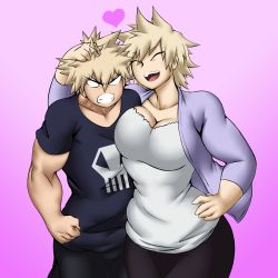 Rule 34 | 1boy, 1girl, bakugou katsuki, bakugou mitsuki, blonde hair, boku no hero academia, breasts, cleavage, clenched teeth, closed eyes, collarbone, gradient background, hand on head, hand on own hip, heart, highres, kyelyn, large breasts, open mouth, pink background, shirt, short hair, short sleeves, smile, spiked hair, t-shirt, teeth, upper teeth only