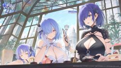 Rule 34 | 3girls, azur lane, bare shoulders, blue eyes, blue hair, bracelet, breasts, catsmoon, chapayev (azur lane), cleavage, cleavage cutout, closed eyes, closed mouth, clothing cutout, commentary, copyright name, earrings, english commentary, gloves, hair ornament, hair over one eye, highres, jewelry, kuybyshev (azur lane), large breasts, multiple girls, official art, parted lips, short hair, short sleeves, sideboob, smile, tallinn (azur lane), upper body, white gloves