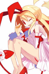 Rule 34 | 1girl, ;d, blonde hair, bow, demon tail, detached sleeves, disgaea, earrings, fang, flonne, flonne (fallen angel), hair bow, hairband, heart, heart earrings, high heels, jewelry, leotard, long hair, makai senki disgaea, one eye closed, open mouth, pointy ears, red bow, red eyes, red footwear, shoes, smile, solo, tail, tail bow, tail ornament, white background, white bow, yuuki (irodo rhythm)