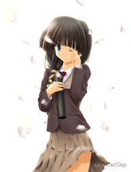 Rule 34 | 00s, 1girl, :o, backlighting, black hair, blazer, blue eyes, blunt bangs, cherry blossoms, comic party, cowboy shot, diploma, graduation, hair over shoulder, hair ribbon, hasebe aya, holding, jacket, long hair, long sleeves, looking at viewer, low-tied long hair, motion blur, one eye closed, petals, pleated skirt, ribbon, school uniform, skirt, solo, tears, tube, upskirt, white background, wind, wink, wiping tears, zenzen, zenzen (onestep)