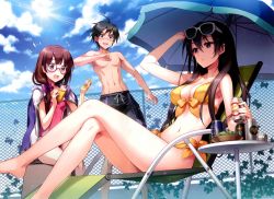 Rule 34 | 1boy, 2girls, absurdres, ahoge, alcohol, an2a, arm up, bare legs, bare shoulders, barefoot, beach umbrella, beer, beer can, bikini, black hair, black male swimwear, black swim trunks, blue eyes, blue sky, blush, bow, breasts, brown eyes, can, casual one-piece swimsuit, chain-link fence, chair, character request, cleavage, cloud, copyright request, crossed legs, day, drink can, eyewear on head, fence, flying sweatdrops, folding chair, frilled swimsuit, frills, front-tie top, glasses, hair between eyes, hair bow, hair over shoulder, highres, hood, hoodie, long hair, lotion, lounge chair, low ponytail, lying, male swimwear, medium breasts, multiple girls, navel, one-piece swimsuit, open clothes, open hoodie, open mouth, parted lips, pink one-piece swimsuit, purple eyes, reclining, short hair, side-tie bikini bottom, sky, sunglasses, sunlight, sunscreen, sweatdrop, swim trunks, swimsuit, topless male, umbrella, wavy mouth, yellow bikini
