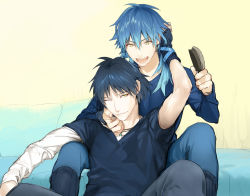 Rule 34 | 10s, 2boys, arm up, between legs, black hair, blue hair, dramatical murder, ginka sima, hair brush, hand on another&#039;s face, hand on another&#039;s head, jewelry, long hair, looking at another, male focus, multiple boys, necklace, ren (dramatical murder), seragaki aoba, single sleeve, sitting, smile, wince, yellow eyes